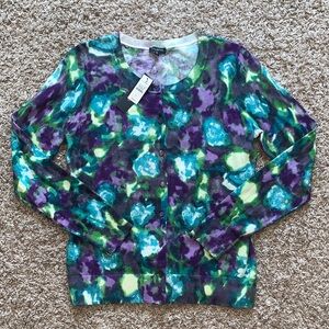 NWT Talbots Purple, Blue & Green Abstract Floral Crewneck Button Cardigan Medium